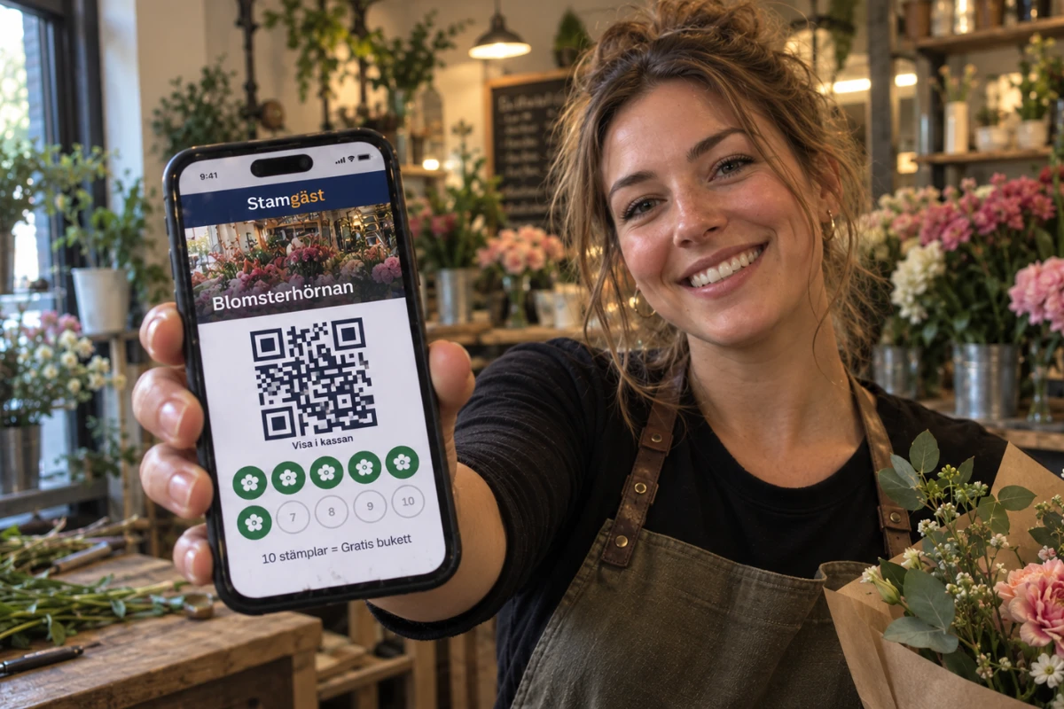 En leende florist som visa en telefon med stämplar.